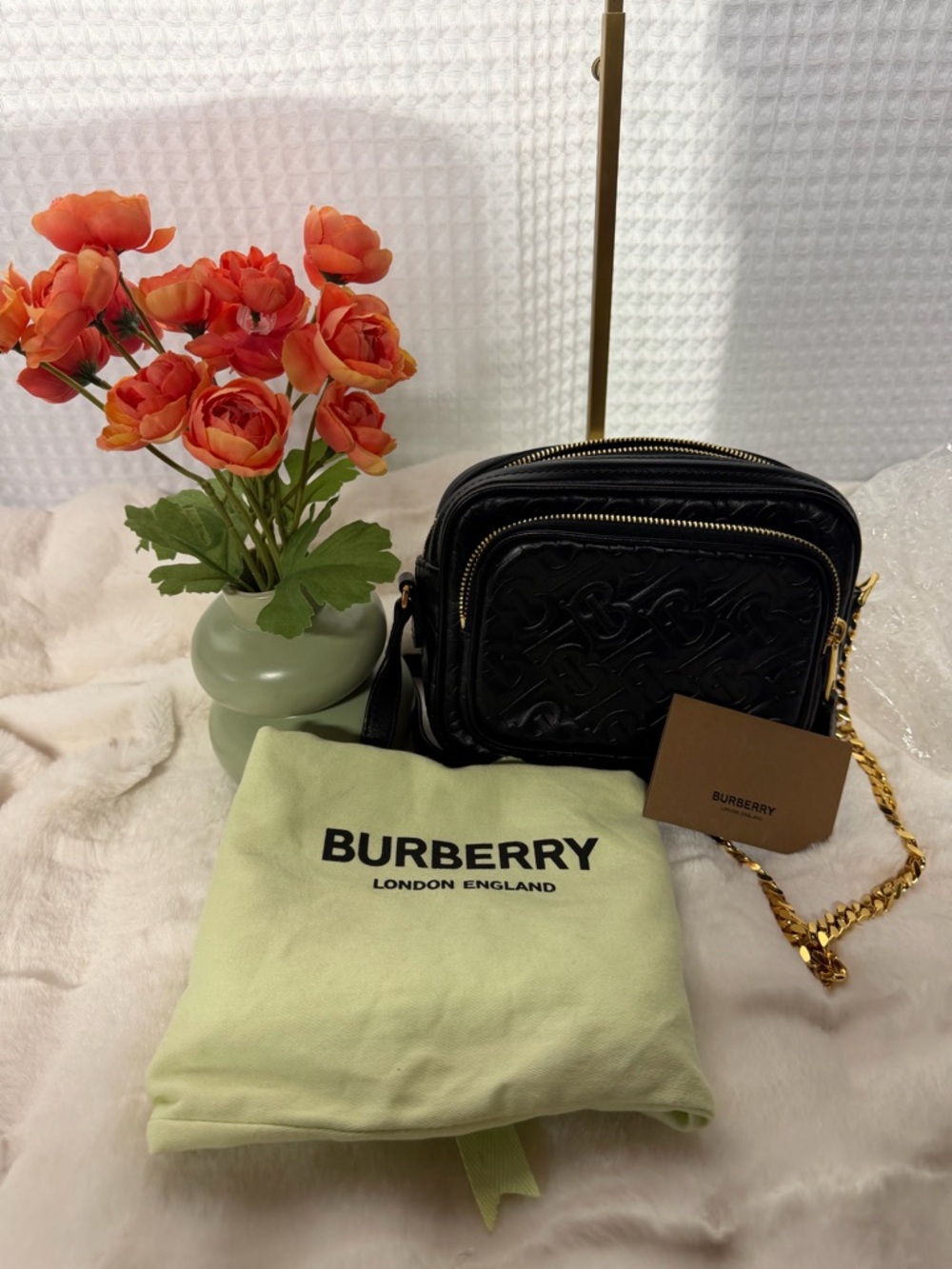 Burberry Monogram Embossed Leather Camera Bag Black Gold Chain Crossbody - Picture 11 of 13